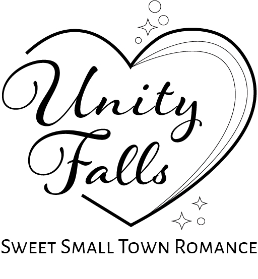 Unity Falls Sweet Contemporary Romance series logo. Black and white. Heart with a stylized waterfall. Text "Unity Falls" in front.