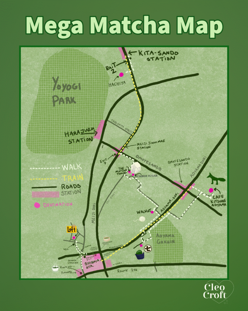 Mega Matcha Map: The route of the blog's adventure. Shades of green and pink.