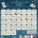 Welcome to Small Town Winter – December daily social media prompt calendar with cozy winter-inspired posting ideas for each day, including reading plans, cookie day, winter romance prompts, hot cocoa day, soup season, holiday playlists, winter rituals, favorite books, and planner time. Illustrated with snowflakes, winter village houses, trees, a coffee cup with donut, and a thermos and notebook. Created by author Cleo Croft, cozy small-town romance writer.