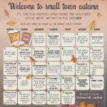 Illustrated autumn-themed monthly calendar for October with warm seasonal colors, featuring illustrated leaves, acorns, mushrooms, and cozy fall motifs. Includes a calendar layout for daily, creative prompts, designed by author and illustrator Cleo Croft.