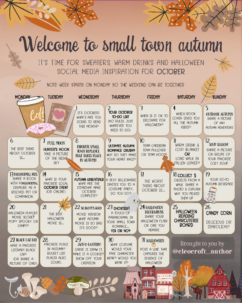 Illustrated autumn-themed monthly calendar for October with warm seasonal colors, featuring illustrated leaves, acorns, mushrooms, and cozy fall motifs. Includes a calendar layout for daily, creative prompts, designed by author and illustrator Cleo Croft.